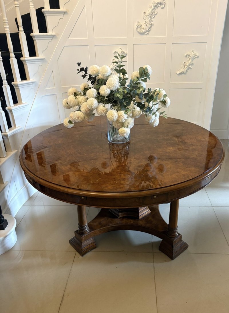 Antique Exceptional Quality Burr Walnut Circular Extending Dining Table Seating 10 with Radial Leaves & Matching Burr Walnut Leaf Holder - Image 32